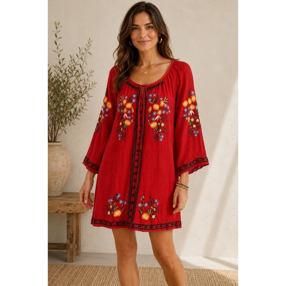Nostalgia Boho Floral Embroidered Red Tunic Dress Folk Art Peasant Top Large